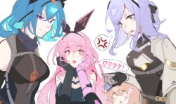 4girls alisa:_echo_(pgr) alisa_(pgr) anger_vein animal_ears ayla:_kaleido_(pgr) ayla_(pgr) beret black_bodysuit black_bow black_gloves blue_hair blue_hat bodysuit bow braid braided_bangs cross-shaped_pupils elbow_gloves fake_animal_ears gloves hair_ornament hat headgear highres long_hair luoyuyaoouruola mechanical_arms multiple_girls open_mouth orange_eyes pink_eyes punishing:_gray_raven purple_eyes purple_hair rabbit_ears rabbit_hair_ornament sica_(pgr) spoken_anger_vein symbol-shaped_pupils trojan_(pgr) very_long_hair