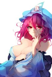 Rule 34 | 1girl, bare shoulders, blue hat, blue kimono, breasts, chiroru (cheese-roll), cleavage, hair between eyes, hand up, hat, highres, japanese clothes, kimono, large breasts, lips, looking at viewer, mob cap, parted lips, pink hair, red eyes, saigyouji yuyuko, simple background, smile, solo, touhou, triangular headpiece, upper body, white background