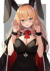Rule 34 | 1girl, animal ears, black cape, black hairband, blonde hair, blue eyes, blush, bow, bowtie, braid, breasts, cape, cleavage, commentary request, detached collar, dress, embarrassed, fake animal ears, hair between eyes, hair over shoulder, hairband, hands up, head tilt, highres, large breasts, light particles, long hair, looking at viewer, mahcdai, open mouth, original, outstretched hand, rabbit ears, rabbit pose, red bow, red bowtie, red cape, red dress, side braids, solo, two-tone cape, wavy mouth, wrist cuffs