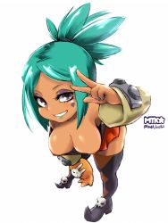 Rule 34 | 1girl, bent over, blue hair, boots, breasts, cerebella (skullgirls), dark-skinned female, dark skin, eyeshadow, female focus, green lips, green nails, highres, large breasts, lipstick, looking at viewer, makeup, mtk hoshi, nail polish, peace symbol, ponytail, skirt, skullgirls, smile, solo, standing, thigh boots, thighhighs