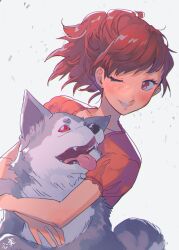 Rule 34 | 1girl, absurdres, animal, blush, brown hair, casual, collarbone, commentary request, dog, floating hair, grin, highres, hug, hug from behind, kokomi (aniesuakkaman), koromaru (persona), looking at viewer, one eye closed, open mouth, orange shirt, persona, persona 3, persona 3 portable, ponytail, puffy short sleeves, puffy sleeves, red eyes, shiomi kotone, shirt, short hair, short sleeves, simple background, smile, tongue, tongue out, white background
