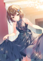 Rule 34 | 1girl, bare arms, bare shoulders, black dress, blurry, blurry background, breasts, brown eyes, brown hair, butterfly hair ornament, closed mouth, commentary request, depth of field, dress, hair ornament, highres, hirano yuri, looking at viewer, miwabe sakura, saijo no osewa, skirt hold, sleeveless, sleeveless dress, small breasts, smile, solo
