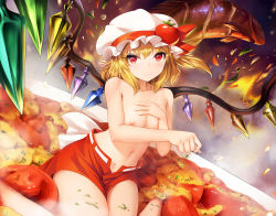 Rule 34 | 1girl, bare legs, blonde hair, blush, breasts, closed mouth, collarbone, commentary request, crystal, egg, egg (food), eyes visible through hair, flandre scarlet, food, food on head, fruit, hair between eyes, hand on own chest, hat, hat ornament, highres, looking at viewer, mob cap, navel, nipples, obaoba (monkeyix), object on head, red eyes, red skirt, scrambled egg, short hair, sitting, sitting on food, skirt, small breasts, smile, solo, stomach, tomato, topless, touhou, wariza, white hair