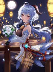 Rule 34 | 1girl, absurdres, ahoge, bare shoulders, bell, black gloves, black legwear, blue hair, blush, bouquet, breasts, chinese knot, curled horns, detached sleeves, finger to mouth, flower, flower knot, from side, full moon, ganyu (genshin impact), genshin impact, gloves, gold trim, highres, holding, holding flower, horns, lantern, long hair, looking at viewer, low ponytail, medium breasts, moon, nannung, neck bell, night, night sky, ocean, petals, purple eyes, qingxin flower, sidelocks, sky, smile, solo, standing, tassel, thighlet, vision (genshin impact), waist cape, white flower, white sleeves, wide sleeves