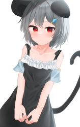 Rule 34 | 1girl, alternate costume, animal ears, black dress, blush, breasts, closed mouth, collarbone, commentary request, cowboy shot, dakuazu, dress, grey hair, highres, mouse ears, mouse girl, mouse tail, nazrin, off-shoulder dress, off shoulder, paid reward available, red eyes, short hair, simple background, small breasts, solo, tail, touhou, white background