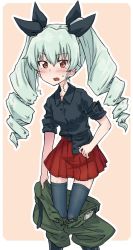 Rule 34 | 10s, 1girl, anchovy (girls und panzer), anzio military uniform, beige background, belt, black belt, black footwear, black ribbon, black shirt, black thighhighs, blush, boots, clothes pull, commentary, drill hair, frown, girls und panzer, green hair, grey pants, hair ribbon, knee boots, long hair, looking at viewer, miniskirt, monolith (suibou souko), open mouth, outside border, pants, pants pull, pleated skirt, red eyes, red skirt, ribbon, rounded corners, shirt, short sleeves, skirt, sleeves rolled up, solo, standing, sweatdrop, thighhighs, twin drills, twintails
