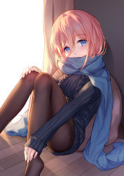 Rule 34 | 1girl, aran sweater, ass, bison cangshu, blue eyes, blue scarf, breasts, brown pantyhose, cable knit, covered mouth, curtains, dress, go-toubun no hanayome, highres, knees up, long hair, long sleeves, looking at viewer, medium breasts, nakano miku, no shoes, on floor, pantyhose, pink hair, ribbed sweater, scarf, sitting, solo, sweater, sweater dress, wooden floor