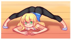 Rule 34 | 1girl, ass, black pants, blonde hair, blue footwear, blue shirt, breasts, drantyno, glasses, green eyes, highres, jack-o&#039; challenge, long hair, looking at viewer, pants, polly (ryuhi), shirt, shoes, small breasts, smile, split, spread legs, tank top