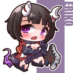 Rule 34 | + +, 1girl, absurdres, armored boots, axe, black footwear, black gloves, black hair, blush, boots, breasts, capelet, character name, chibi, cleavage, commentary request, dress, eriko (princess connect!), full body, gloves, highres, horns, knee boots, kneeling, large breasts, looking at viewer, open mouth, princess connect!, purple background, purple eyes, red capelet, red dress, saishosaisekojo, solo, spiked tail, tail, two-tone background, white background