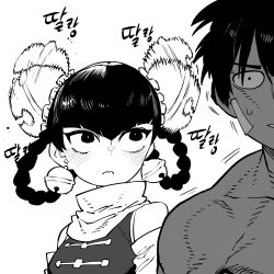 Rule 34 | 1boy, 1girl, afterimage, bandage on face, bandages, bare shoulders, bell, bell earrings, black hair, blush, braid, breasts, china dress, chinese clothes, dark skin, dress, earrings, greyscale, hair bell, hair ornament, highres, jewelry, lin lin (one-punch man), monochrome, motion blur, motion lines, one-punch man, scarf, small breasts, ssambatea, suiryuu (one-punch man), sweatdrop, twin braids