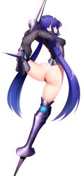 Rule 34 | 1girl, absurdres, arched back, armored boots, arms up, ass, blue eyes, blue hair, blunt bangs, blush, boots, boruhis, breasts, closed mouth, corset, crotch plate, elbow gloves, fate/grand order, fate (series), flexible, from behind, full body, gloves, high collar, highres, leg up, long hair, looking at viewer, looking back, medium breasts, meltryllis (fate), profile, sidelocks, simple background, sleeves past fingers, sleeves past wrists, solo, spikes, thigh boots, thighhighs, thighs, very long hair, white background, wide sleeves