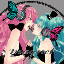 Rule 34 | 2girls, album cover, aqua eyes, aqua hair, aqua nails, bare shoulders, butterfly wings, couple, cover, cup, earmuffs, eye contact, female focus, fingerless gloves, gloves, hat, hatsune miku, headphones, insect wings, long hair, looking at another, lowres, magnet (vocaloid), megurine luka, microphone, mini hat, mini top hat, multiple girls, nail polish, open mouth, pink hair, top hat, twintails, very long hair, vocaloid, wings, yunomi, yunomi (yunomi imonuy), yuri