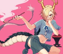 Rule 34 | 1girl, antlers, blonde hair, blue shirt, coccix, commentary request, dragon horns, dragon tail, elbow rest, fingernails, green skirt, hand on own cheek, hand on own face, highres, holding, horns, kicchou yachie, kiseru, long fingernails, looking at viewer, midriff, nail polish, navel, open mouth, pink background, pointy ears, red eyes, red nails, revision, sharp fingernails, shell, shirt, short sleeves, side slit, skirt, smile, smoke, smoking pipe, solo, tail, touhou