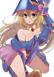 Rule 34 | 1girl, absurdres, adjusting clothes, adjusting headwear, bare shoulders, blonde hair, blue footwear, blush, blush stickers, boots, breasts, choker, cleavage, collarbone, commentary request, dark magician girl, duel monster, gem, green eyes, hair between eyes, hand on headwear, hat, highres, holding, holding staff, kameno sachi, kneeling, large breasts, long hair, looking at viewer, open mouth, pentacle, simple background, smile, solo, staff, tongue, tongue out, white background, wizard hat, yu-gi-oh!
