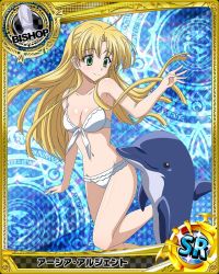 Rule 34 | 10s, 1girl, ahoge, armpits, asia argento, bikini, bishop (chess), blonde hair, breasts, card (medium), character name, chess piece, cleavage, collarbone, dolphin, eyebrows, front-tie top, green eyes, groin, hair over one eye, high school dxd, long hair, medium breasts, navel, official art, smile, solo, swimsuit, trading card, white bikini