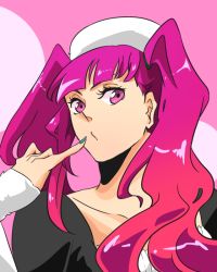Rule 34 | 19381, 1girl, bad id, bad pixiv id, bleach, blue nails, collarbone, dokugamine riruka, hat, long hair, nail polish, pink eyes, pink hair, pinky out, simple background, solo, twintails