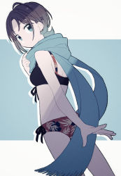 Rule 34 | 1girl, asakura toru, ass, bare arms, bare shoulders, bikini, black bikini, black hair, blue background, blue eyes, blue hair, blue scarf, closed mouth, drop shadow, floral print, from behind, gradient hair, grey background, hair ornament, hairclip, highres, idolmaster, idolmaster shiny colors, looking at viewer, looking back, multicolored hair, nonaprev, parted bangs, print bikini, red bikini, scarf, solo, swimsuit, two-tone background, x hair ornament