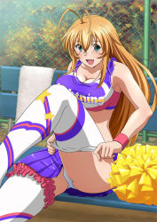 Rule 34 | 00s, 1girl, :d, ahoge, blonde hair, breasts, cheerleader, cleavage, costume, fang, green eyes, happy, ikkitousen, large breasts, long hair, midriff, official art, open mouth, outstretched leg, panties, pantyshot, sitting, skirt, smile, solo, sonsaku hakufu, thighhighs, thighhighs pull, underwear, upskirt, white panties