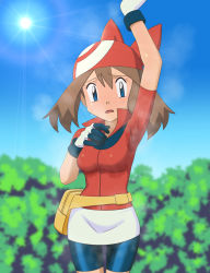 Rule 34 | 1girl, arm up, bandana, bike shorts, blue eyes, blush, breasts, brown hair, collared shirt, commentary request, cowboy shot, creatures (company), day, eyelashes, fanny pack, game freak, gloves, hand up, highres, hot, may (pokemon), miraa (chikurin), nintendo, open mouth, outdoors, poke ball print, pokemon, pokemon (anime), pokemon rse (anime), raised eyebrows, red bandana, red shirt, shirt, short sleeves, skirt, sky, solo, steaming body, sun, sweat, tongue, white gloves, white skirt, yellow bag