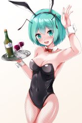 Rule 34 | 1girl, absurdres, animal ears, antennae, black leotard, bottle, bow, bowtie, breasts, cleavage, covered navel, cup, detached collar, drinking glass, fake animal ears, fishnet pantyhose, fishnets, green eyes, green hair, green nails, highres, leotard, medium breasts, muki (munikichan), nail polish, pantyhose, playboy bunny, rabbit ears, red bow, red bowtie, short hair, simple background, solo, strapless, strapless leotard, swept bangs, touhou, tray, white background, wine bottle, wine glass, wriggle nightbug, wrist cuffs