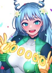 Rule 34 | 1girl, :d, blue bodysuit, blue eyes, blue hair, bodysuit, boku no hero academia, commentary request, confetti, congratulations, drill hair, flower, gloves, green bodysuit, hadou nejire, hair flower, hair horns, hair ornament, highres, long hair, looking at viewer, milestone celebration, multicolored bodysuit, multicolored clothes, open mouth, smile, solo, superhero costume, teeth, thea ( tea ), twin drills, upper teeth only, yellow gloves