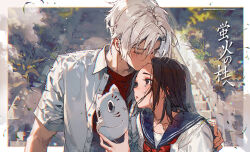 Rule 34 | 1boy, 1girl, :&lt;, blue sailor collar, brown eyes, brown hair, closed eyes, closed mouth, collared shirt, commentary request, crying, crying with eyes open, day, dress shirt, fox mask, gin (hotarubi no mori e), grey hair, hetero, holding, holding mask, hotarubi no mori e, kawacy, kiss, kissing forehead, mask, open clothes, open shirt, parted bangs, parted lips, red shirt, sailor collar, school uniform, serafuku, shirt, stairs, stone stairs, takegawa hotaru, tears, translation request, triangle mouth, unworn mask, white shirt