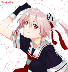 Rule 34 | 1girl, absurdres, beret, black gloves, black serafuku, blush, gloves, hair between eyes, hair ornament, hand on headwear, harusame (kancolle), hat, highres, hira (hinakomochi), kantai collection, long hair, looking at viewer, neckerchief, nose, one-hour drawing challenge, petals, pink hair, ponytail, red eyes, red neckerchief, sailor collar, school uniform, serafuku, short sleeves, side ponytail, simple background, sketch, smile, solo, twitter username, upper body, white background, white hat