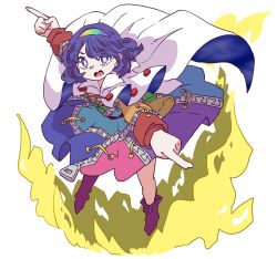 Rule 34 | 1girl, black footwear, blue eyes, blue hair, buttons, cape, fire, hairband, lana151, multicolored clothes, multicolored hairband, open mouth, pointing, rainbow order, short hair, tenkyuu chimata, touhou, white background, white cape, zipper
