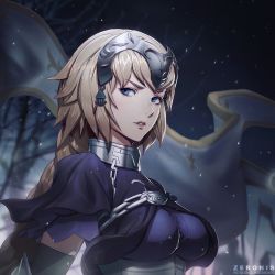 Rule 34 | 1girl, armor, artist name, blonde hair, blue eyes, braid, breasts, commentary, english commentary, eyelashes, fate/grand order, fate (series), headpiece, highres, jeanne d&#039;arc (fate), jeanne d&#039;arc (ruler) (fate), long hair, looking at viewer, nose, parted lips, patreon username, single braid, solo, upper body, zeronis