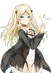 Rule 34 | 1girl, absurdres, aqua eyes, black dress, black jacket, blonde hair, blush, braid, breasts, cleavage, closed mouth, collarbone, covered navel, dress, earrings, feet out of frame, french braid, girls&#039; frontline, highres, index finger raised, jacket, jewelry, k5 (girls&#039; frontline), long hair, looking at viewer, medium breasts, mutugorou u, open clothes, open jacket, smile, solo, standing, white background
