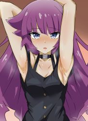 Rule 34 | 1girl, absurdres, armpits, arms behind head, arms up, blue eyes, blush, breasts, buttons, choker, collarbone, highres, kirishima romin, looking at viewer, pink hair, purple hair, sleeveless, small breasts, solo, steam, steaming body, sweat, synchroman, yu-gi-oh!, yu-gi-oh! sevens