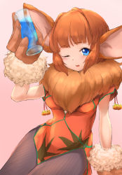 Rule 34 | 1girl, animal ears, animal hands, blue eyes, breasts, brown hair, china dress, chinese clothes, chrono cross, cleavage cutout, clothing cutout, dress, fur, gloves, highres, janice (chrono cross), long hair, looking at viewer, minami fuzei, monster girl, one eye closed, open mouth, pantyhose, rabbit ears, short hair, simple background, smile, solo
