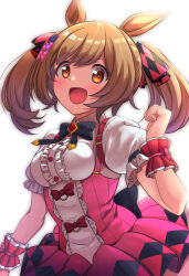 Rule 34 | 1girl, animal ears, blush, bow, breasts, brown eyes, brown hair, clenched hand, dress, frilled dress, frilled sleeves, frills, hair between eyes, hair bow, hair ornament, hair ribbon, horse ears, horse girl, kayama kenji, looking at viewer, medium breasts, medium hair, multiple hair bows, open mouth, puffy short sleeves, puffy sleeves, ribbon, scrunchie, short hair, short sleeves, simple background, smart falcon (umamusume), smile, solo, twintails, umamusume, white background, wrist scrunchie
