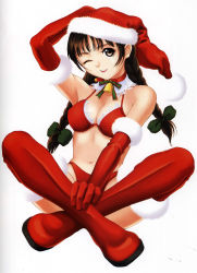 Rule 34 | 1girl, bare shoulders, bell, boots, braid, brown eyes, brown hair, christmas, gloves, hair ribbon, hat, highres, indian style, midriff, one eye closed, red gloves, ribbon, santa costume, santa hat, scan, simple background, sitting, smile, solo, thigh boots, thighhighs, tony taka, twin braids, twintails, white background