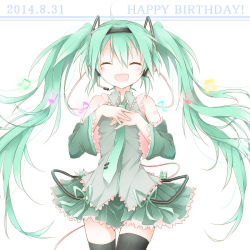 Rule 34 | 10s, 1girl, 2014, :d, ^ ^, ahoge, beamed quavers, closed eyes, dated, detached sleeves, closed eyes, green eyes, green hair, hands on own chest, happy birthday, hatsune miku, headphones, headset, highres, kousaka sena, long hair, matching hair/eyes, musical note, necktie, open mouth, quaver, skirt, smile, solo, thighhighs, twintails, very long hair, vocaloid, white background