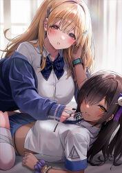 Rule 34 | 2girls, black hair, black nails, blonde hair, blue bow, blue bowtie, blue cardigan, blue skirt, blush, bow, bowtie, breasts, brown eyes, button gap, cardigan, claw ring, commentary request, cropped shirt, dark-skinned female, dark skin, fingernails, goddess of victory: nikke, gyaru, hair over one eye, highres, jewelry, large breasts, looking at viewer, loose bowtie, midriff, multiple girls, multiple rings, naga (nikke), nail polish, on person, one side up, purple scrunchie, ring, scrunchie, shirt, skirt, sleeves past wrists, smile, sonsoso, spike piercing, tia (nikke), white shirt, wrist scrunchie, yellow eyes