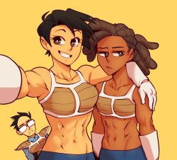 1boy 2girls black_hair breasts brown_eyes brown_hair dark-skinned_female dark_skin dragon_ball glasses large_breasts long_hair looking_at_viewer mato_(nortuet) multiple_girls muscular muscular_female nortuet revealing_clothes russ_l._sprout_(nortuet) short_hair simple_background small_breasts smile sweedi_(nortuet)