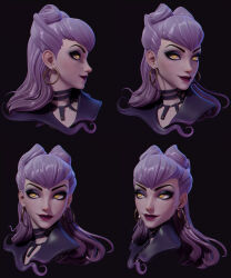Rule 34 | 1girl, absurdres, black background, black choker, black eyeshadow, black suit, center opening, choker, close-up, closed mouth, cone hair bun, demon, demon girl, earrings, evelynn (league of legends), eyeshadow, formal, gold earrings, hair bun, highres, hoop earrings, jewelry, k/da (league of legends), league of legends, long hair, looking to the side, looking up, makeup, markoxu, necklace, portrait, purple hair, purple lips, slit pupils, solo, suit, the baddest evelynn, the diva, tooth necklace, yellow eyes