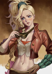 Rule 34 | adjusting goggles, blonde hair, blue eyes, braid, breasts, cleavage, crop top, cropped jacket, freckles, gemma (monster hunter wilds), goggles, goggles around neck, green scrunchie, hair ornament, hair scrunchie, hand on own hip, high ponytail, highres, jacket, leather, leather jacket, lips, long hair, midriff, monster hunter (series), monster hunter wilds, navel, open clothes, open jacket, parted lips, phamoz, ponytail, scrunchie, side braid