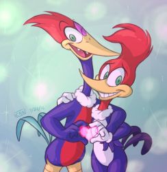 Rule 34 | 2boys, bird, dual persona, green eyes, heart, ladysomnambule, looking at viewer, lowres, multiple boys, nervous smile, no humans, one eye closed, red hair, smile, sparkle, universal studios, walter lantz productions, wink, woodpecker, woody woodpecker, woody woodpecker (series)