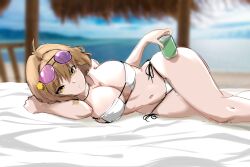 Rule 34 | 1girl, :o, absurdres, ahoge, anis (nikke), anis (sparkling summer) (nikke), beach, bikini, blurry, breasts, brocco (crlo05), can, cleavage, depth of field, drink can, eyewear on head, goddess of victory: nikke, highres, hip bones, holding, holding can, jewelry, large breasts, light brown hair, lying, mask bikini, necklace, ocean, on side, parted lips, pink-tinted eyewear, sand, short hair, side-tie bikini bottom, sketch, soda can, solo, sunglasses, swimsuit, tinted eyewear, white bikini, yellow eyes