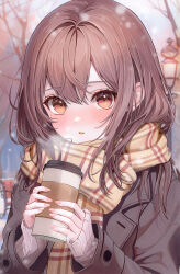 Rule 34 | 1girl, blush, brown hair, cup, funii, highres, holding, holding cup, jacket, long hair, looking at viewer, snow, snowing, sweater