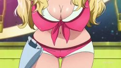 Rule 34 | 10s, 1girl, animated, animated gif, arms behind back, blonde hair, blush, boobies uniform, breasts, cleavage, covered erect nipples, hairband, happy, honey (space dandy), large breasts, leaning forward, long hair, looking at viewer, lowres, pink eyes, shorts, smile, space dandy, standing
