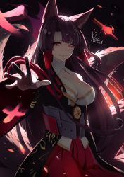 Rule 34 | 1girl, akagi (azur lane), animal ear fluff, animal ears, azur lane, bad id, bad pixiv id, black background, black kimono, blunt bangs, breasts, brown hair, cleavage, cleavage cutout, closed mouth, clothing cutout, collarbone, commentary request, dark background, eyebrows, fox ears, fox girl, fox tail, hair ornament, hair tubes, hakama, hakama skirt, head tilt, highres, hoshizaki reita, japanese clothes, kimono, kitsune, kyuubi, large breasts, long hair, long sleeves, looking at viewer, multiple tails, open mouth, outstretched hand, red eyes, red hakama, sidelocks, signature, skirt, slit pupils, smile, smirk, standing, tail, very long hair, wide sleeves