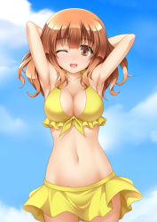 Rule 34 | 10s, 1girl, armpits, arms behind head, arms up, bikini, blush, breasts, brown eyes, brown hair, cleavage, day, girls und panzer, highres, large breasts, long hair, navel, one eye closed, open mouth, outdoors, roura, skirt, sky, smile, solo, swimsuit, takebe saori, yellow bikini