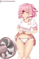 Rule 34 | 1girl, absurdres, artist name, blush, bow, bow panties, bra strap, breasts, breath, cat symbol, closed eyes, clothes lift, collarbone, commentary, doki doki literature club, electric fan, english commentary, fang, fanning self, feet out of frame, gluteal fold, groin, hair ornament, hair ribbon, highres, hot, knees together feet apart, lifting own clothes, midriff, natsuki (doki doki literature club), navel, open mouth, panties, patreon logo, patreon username, pink hair, raion (raionart), raised eyebrows, red ribbon, ribbon, shirt, short hair, short sleeves, simple background, skirt, skirt lift, small breasts, solo, standing, steam, sweat, swept bangs, t-shirt, thigh gap, two side up, underwear, very sweaty, white background, white panties, white shirt, x hair ornament