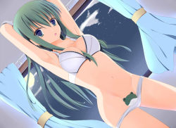 Rule 34 | 1girl, arms up, bad id, bad pixiv id, blue eyes, bra, breasts, censored, cleavage, curtains, frog, green hair, kochiya sanae, long hair, moon, navel, night, night sky, open mouth, sky, thighs, torutee, touhou, underwear, underwear only, undressing, window