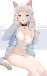 Rule 34 | 1girl, :o, amanagi el, animal ears, bare shoulders, bell, black choker, blue eyes, blue jacket, breasts, camisole, cat ears, cat girl, cat tail, choker, cleavage, crop top, fang, grey hair, hand up, highres, indie virtual youtuber, jacket, jingle bell, kinako (shiratama mochi), long hair, long sleeves, looking at viewer, medium breasts, no pants, off shoulder, open clothes, open jacket, open mouth, panties, shirt, sitting, sleeveless, sleeveless shirt, solo, stomach, tail, thighs, underwear, virtual youtuber, white panties, white shirt