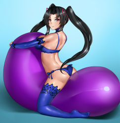 Rule 34 | &gt;:), 10s, 1girl, ass, back, bare shoulders, bean bag chair, black hair, blue bra, blue panties, blue thighhighs, bra, breasts, closed mouth, from side, hair intakes, hair ribbon, high school dxd, large breasts, long hair, looking at viewer, looking to the side, metalbolic, no shoes, panties, purple eyes, red ribbon, ribbon, serafall leviathan, side-tie panties, sideboob, smile, solo, thighhighs, twintails, underwear, underwear only, v-shaped eyebrows