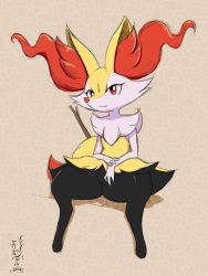 Rule 34 | 1girl, animal ear fluff, animal ears, animal hands, animal nose, artist name, black fur, body fur, braixen, brown background, closed mouth, creatures (company), dated, eryz, female focus, flat chest, fox ears, fox girl, fox tail, full body, furry, furry female, game freak, gen 6 pokemon, happy, highres, jpeg artifacts, looking at viewer, nintendo, pokemon, pokemon (creature), red eyes, sideways mouth, signature, simple background, sitting, sketch, smile, snout, solo, spread legs, stick, tail, thick thighs, thighs, white fur, yellow fur